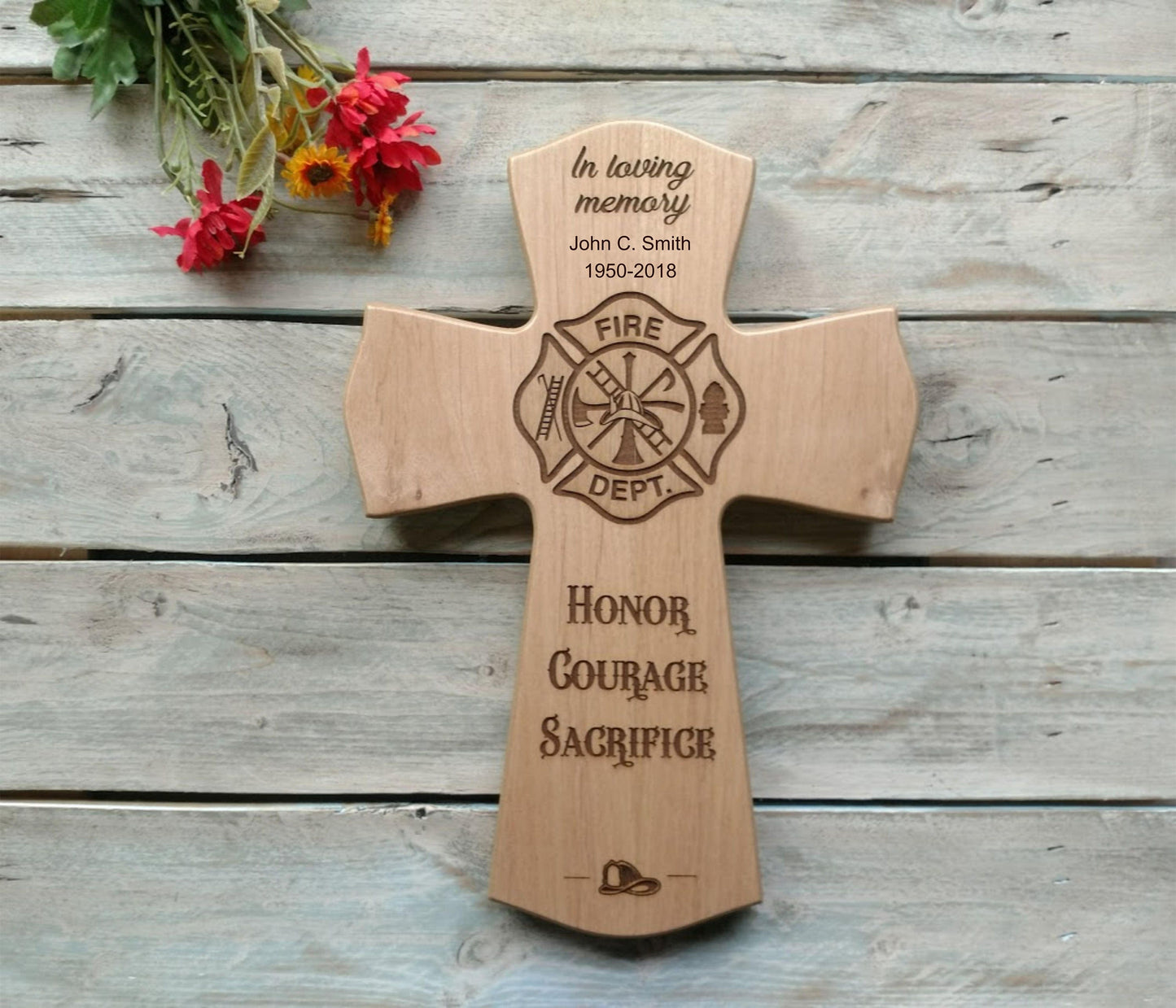 Personalized Wood Cross Fireman Memorial