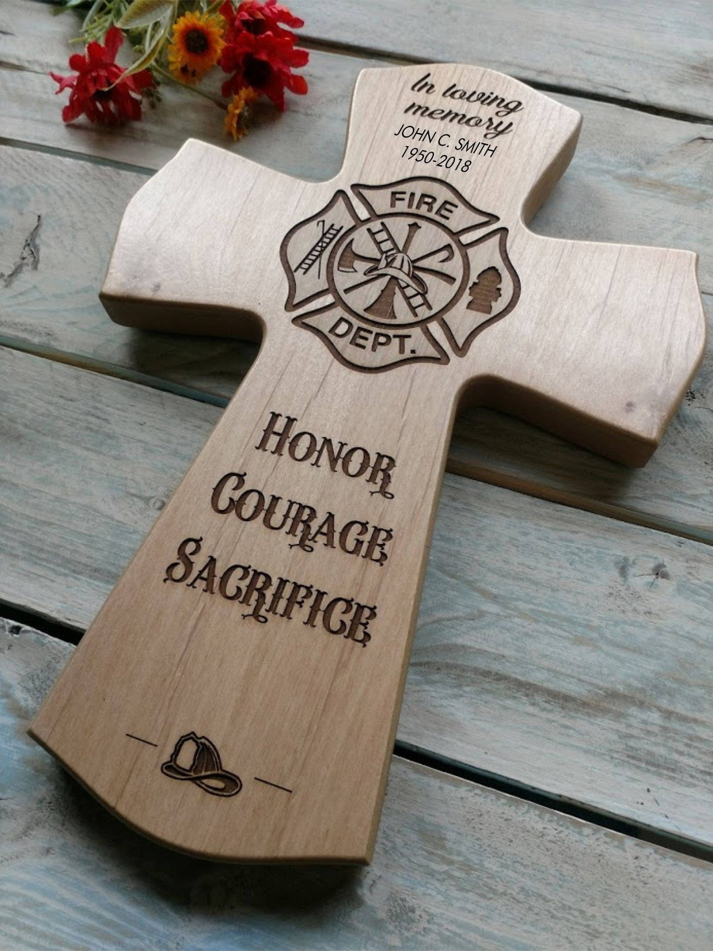 Personalized Wood Cross Fireman Memorial