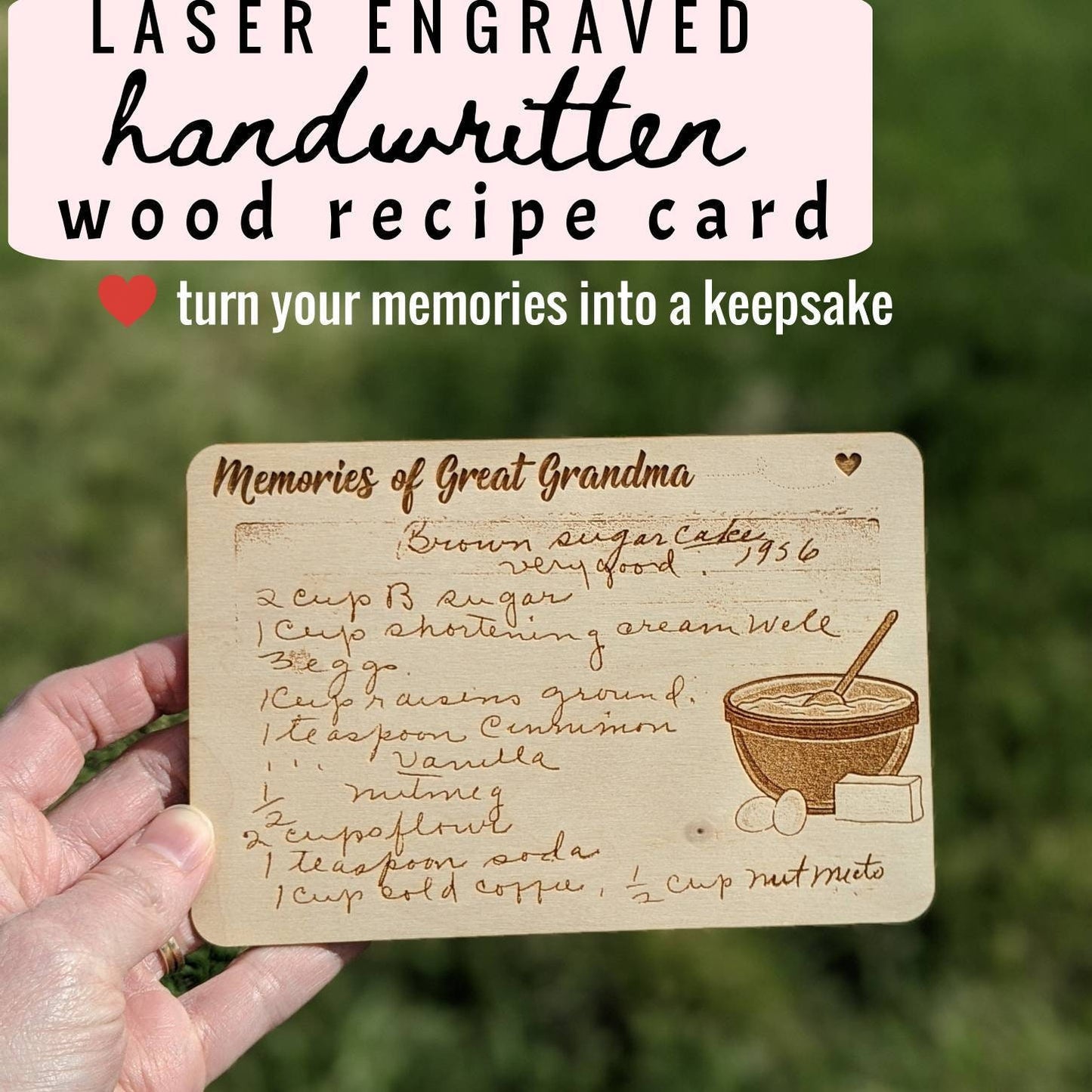 Laser Engraved handwritten wood recipe card