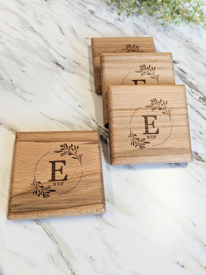 Personalized Wood monogram Coaster Set, Anniversary Monogram Coasters, Wedding Monogram Coasters gift for couples, housewarming coasters